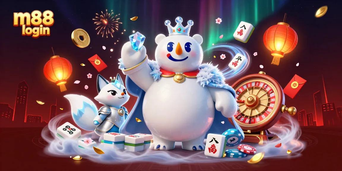 Experience exciting wins with M88 login, featuring a lively casino scene of animated polar bears and surrounded by casino elements.
