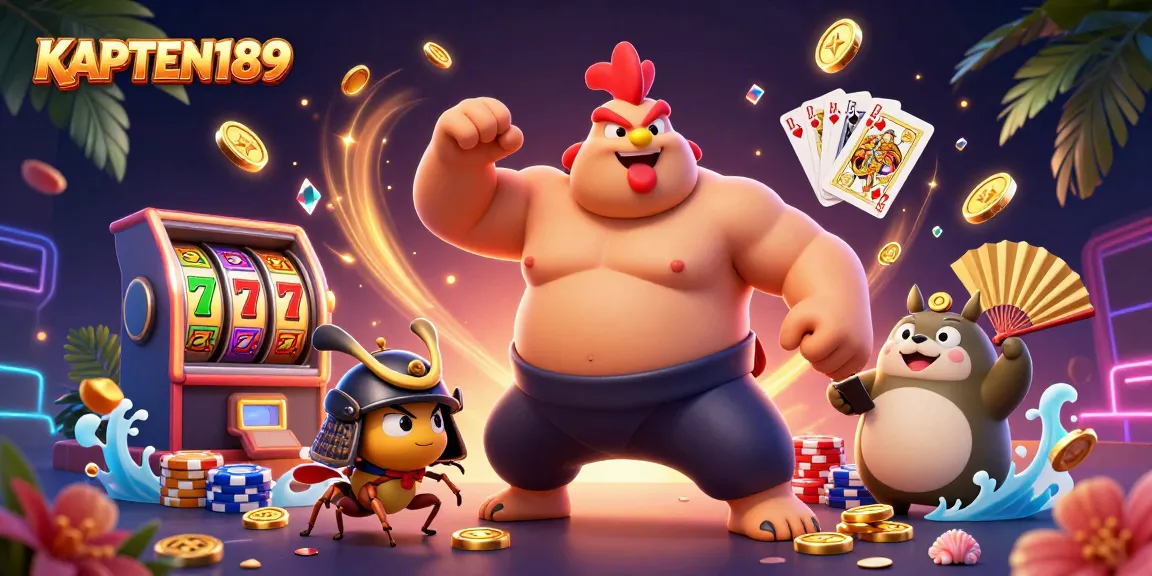 KAPTEN189 mempersembahkan ilustrasi kasino dengan karakter sumo dan detail memikat yang menonjolkan slot dan poker.