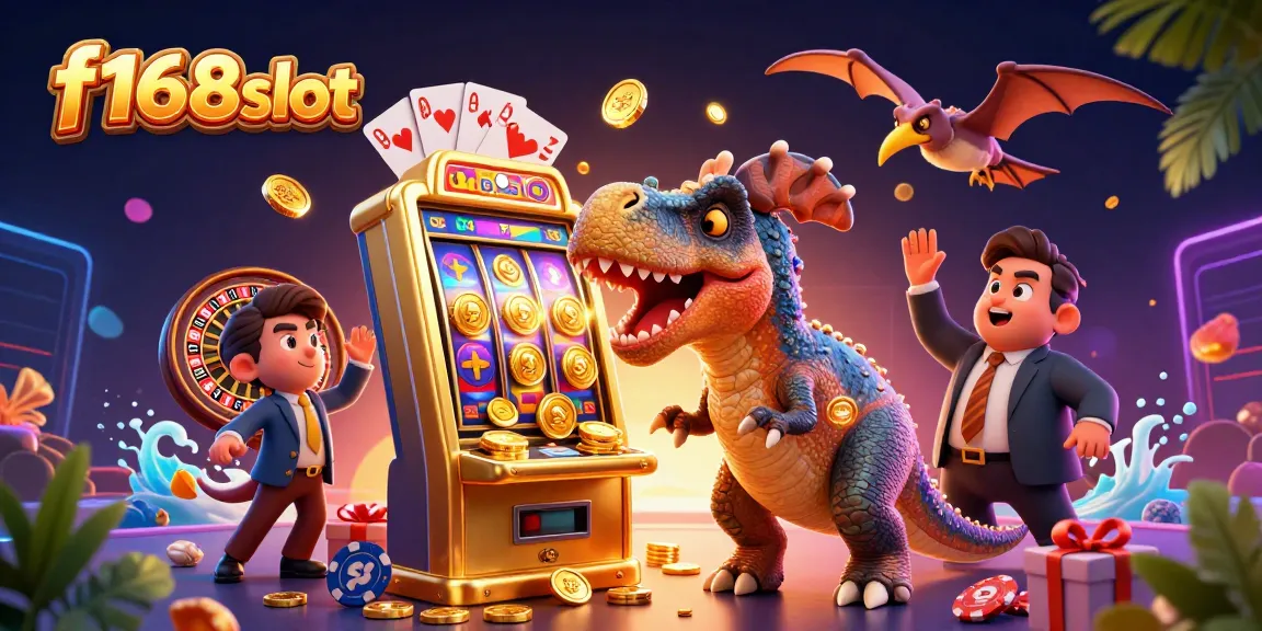 Experience f168slot action with a pachycephalosaurus winning jackpots as coins rain in a vibrant casino scene.