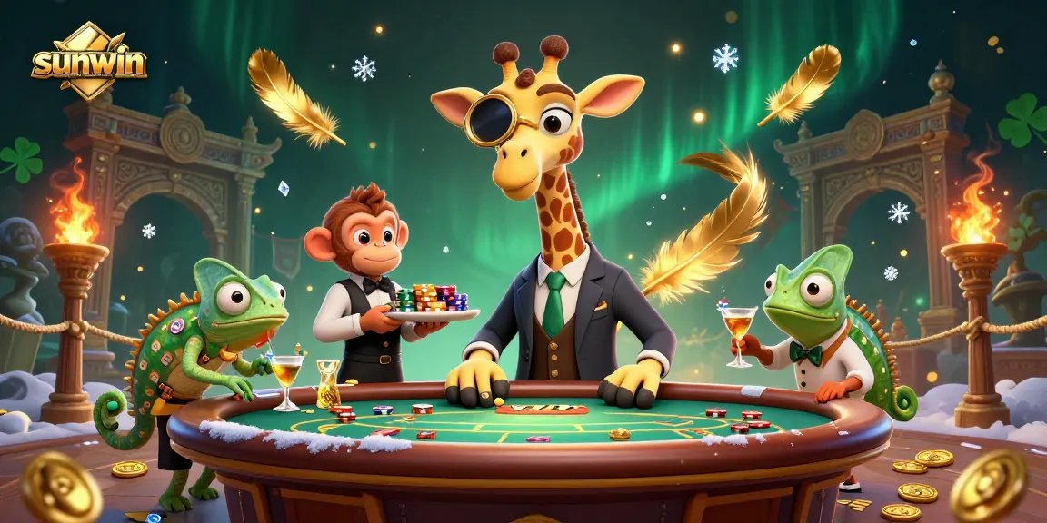 Experience sunwin's excitement with this lively 3D casino scene featuring a giraffe high-roller and lively characters.