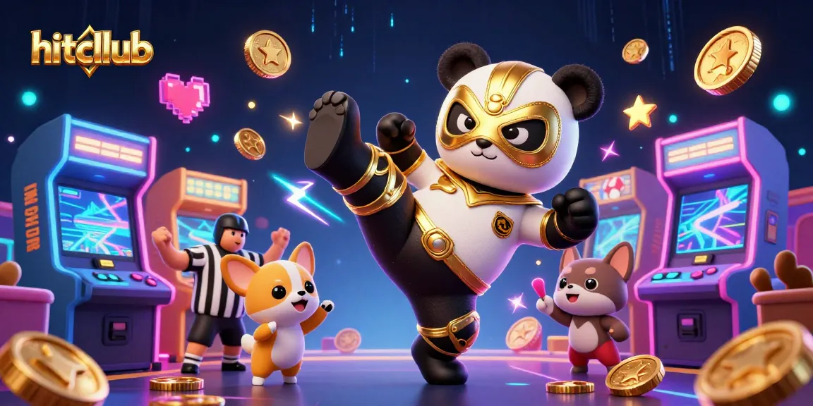 Experience action with hitcllub as a panda wrestler kicks in a vibrant casino scene.