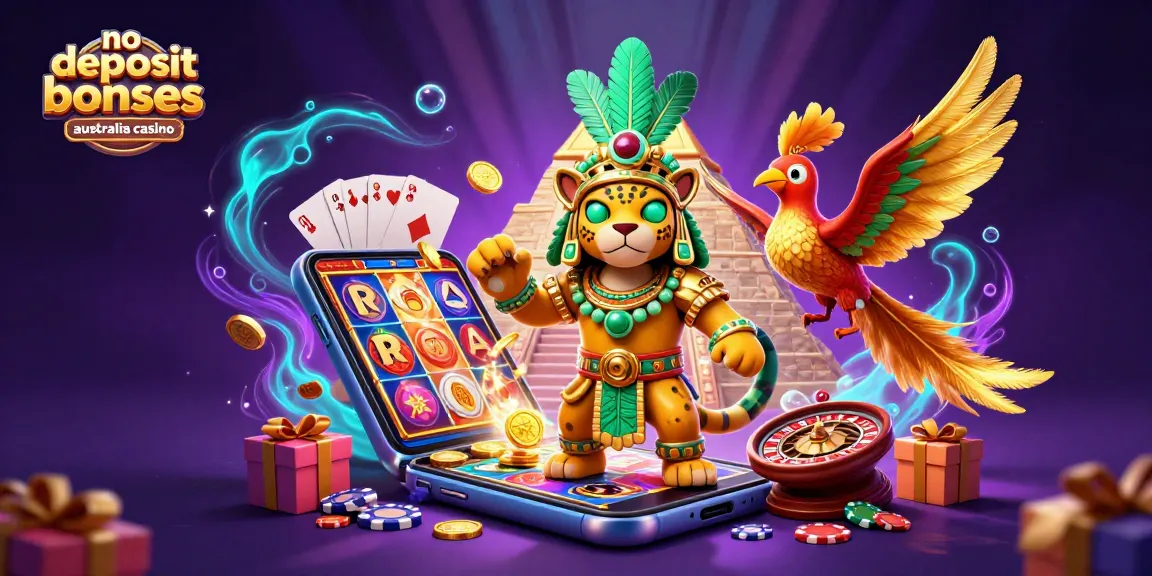 No deposit bonuses Australia casino scene with Mayan priest, golden pyramid, and slot game graphics.