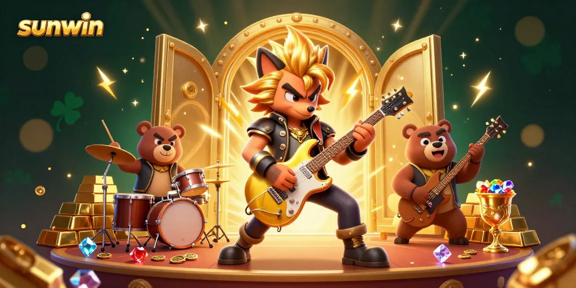 Experience the thrill of sunwin with a vibrant casino illustration featuring cartoon characters and dazzling gems.