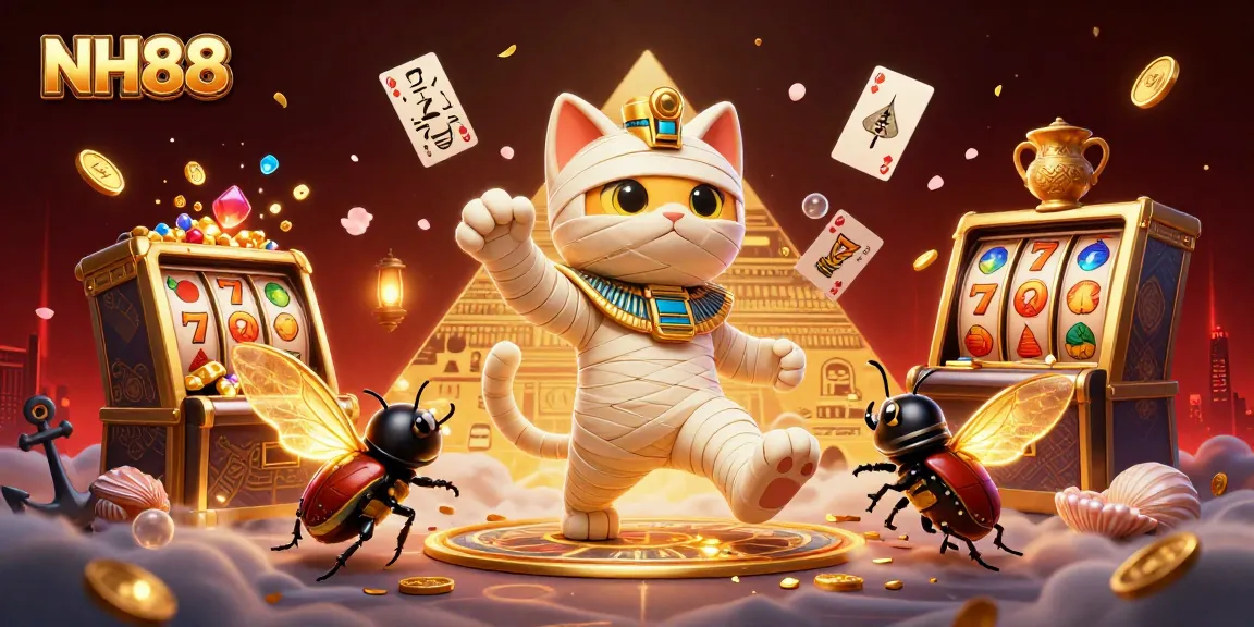 Experience the excitement of NH88 with a cartoon mummy cat bursting from a golden casino sarcophagus.